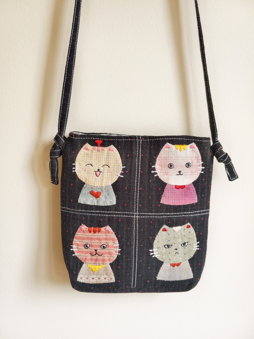 Handmade Cute Cat Patchwork Crossbody Bag in Black